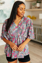 Load image into Gallery viewer, Dreamer Peplum Top in Grey and Pink Floral