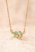 Load image into Gallery viewer, Minimalist dainty gold-plated necklace with small mint green leaf pendant