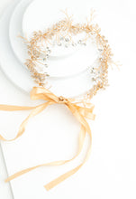 Load image into Gallery viewer, Ethereal Vine Gold Crystal and Pearl Silk Ribbon Headband