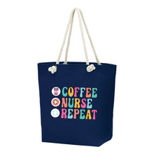 Load image into Gallery viewer, Coffee, Nurse, Repeat Navy Castaway Tote