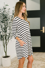 Load image into Gallery viewer, Haute Mess Scooped Hem Casual Dress in Black and White Striped