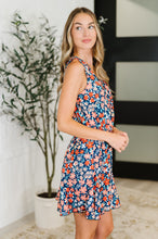 Load image into Gallery viewer, Meadow Mischief Sleeveless Romper in Navy/Orange/Teal