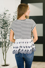 Load image into Gallery viewer, Too Sweet to Share Scalloped Hem Blouse in Ivory and Navy