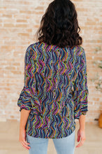 Load image into Gallery viewer, Willow Bell Sleeve Top in Navy Rainbow Rope