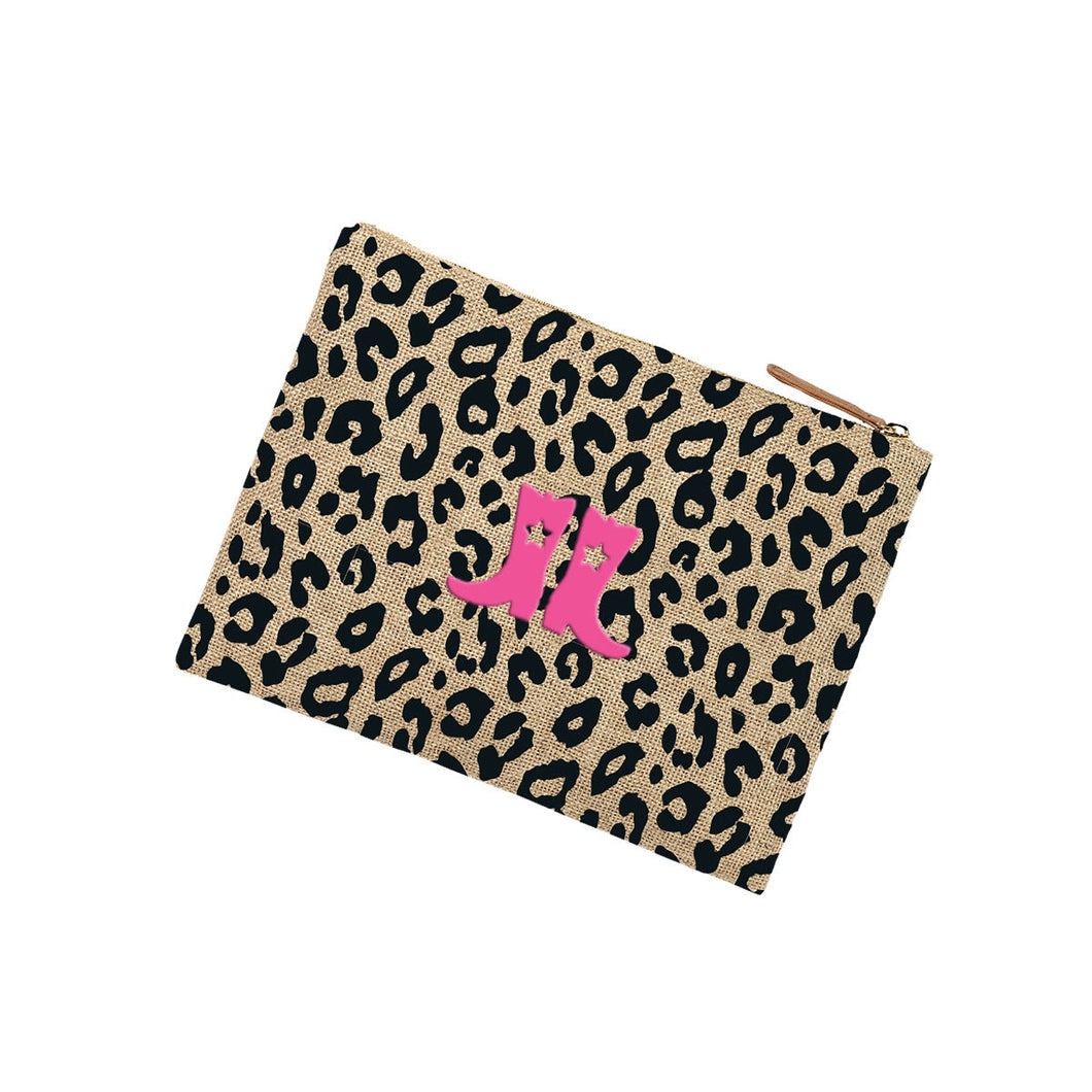 Hot Pink Boots Leopard Burlap Zip Pouch