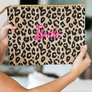 Hot Pink Bride Leopard Burlap Zip Pouch