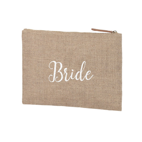 Burlap Zip Pouch Embroidered BRIDE in White Thread