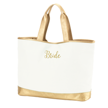 Load image into Gallery viewer, Creme Cabana Tote Embroidered BRIDE in Gold Thread