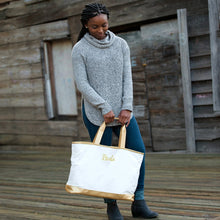 Load image into Gallery viewer, Creme Cabana Tote Embroidered BRIDE in Gold Thread