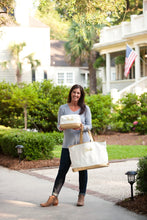 Load image into Gallery viewer, Creme Cabana Tote Embroidered BRIDE in Gold Thread
