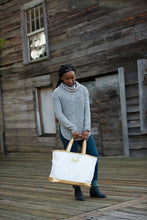 Load image into Gallery viewer, Creme Cabana Tote Embroidered BRIDE in Gold Thread